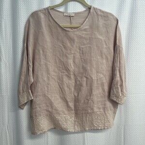 Bellambra 100% Linen Pale Pink Lagenlook Sequin Trim Top Small Minimalist